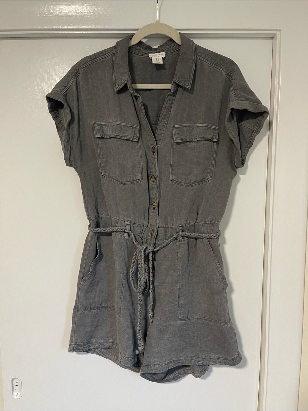 Gray linen romper with braided belt